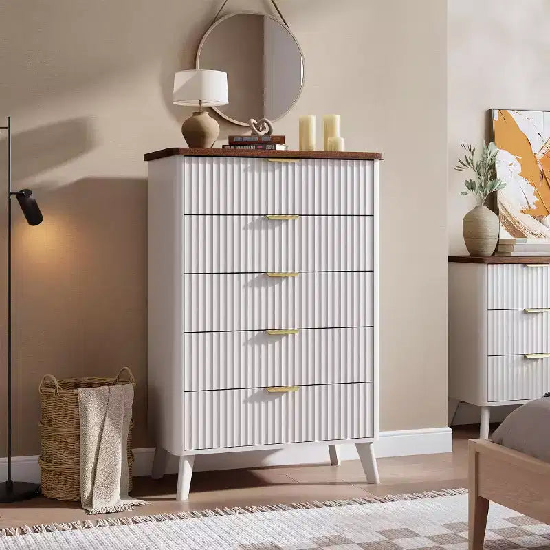 Commode Acekool cannelée à 5 tiroirs, commode moderne pour chambre à coucher ou couloir