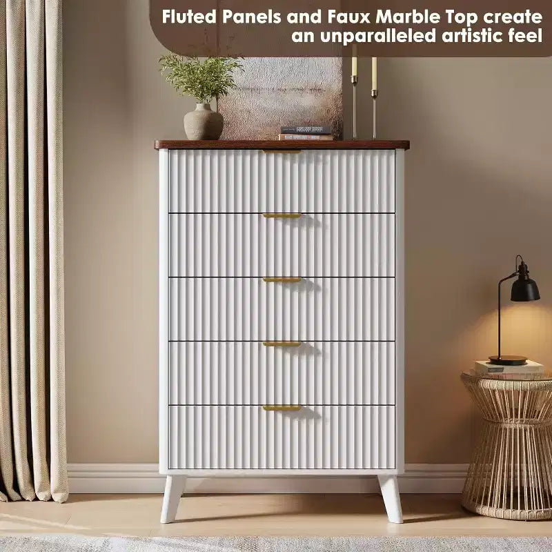 Commode Acekool cannelée à 5 tiroirs, commode moderne pour chambre à coucher ou couloir