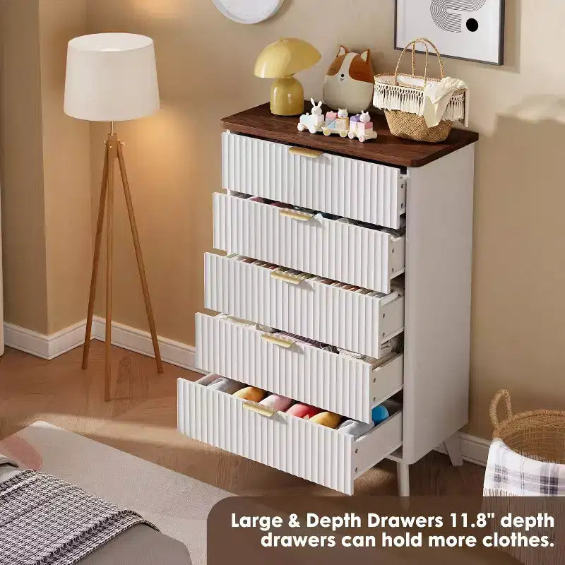 Commode Acekool cannelée à 5 tiroirs, commode moderne pour chambre à coucher ou couloir