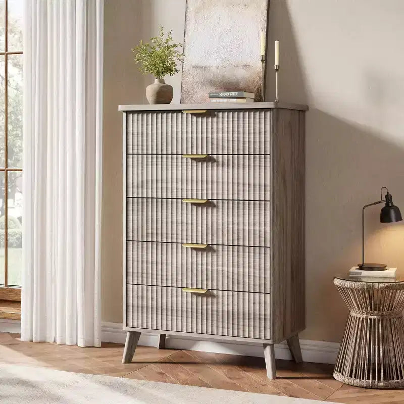 Commode Acekool cannelée à 5 tiroirs, commode moderne pour chambre à coucher ou couloir
