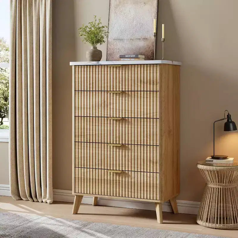 Commode Acekool cannelée à 5 tiroirs, commode moderne pour chambre à coucher ou couloir