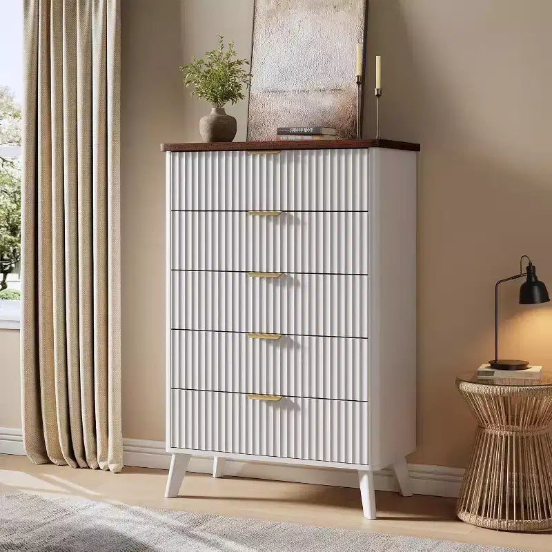 Commode Acekool cannelée à 5 tiroirs, commode moderne pour chambre à coucher ou couloir