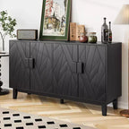 Meuble de rangement moderne Panipeachy, buffet/bahut noir de 140 cm, en bois manufacturé, avec 4 portes à motif géométrique abstrait et pieds en bois massif