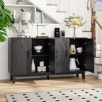 Meuble de rangement moderne Panipeachy, buffet/bahut noir de 140 cm, en bois manufacturé, avec 4 portes à motif géométrique abstrait et pieds en bois massif