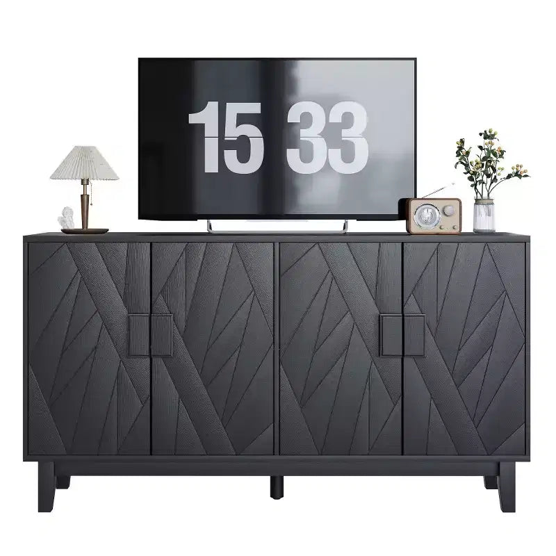 Meuble de rangement moderne Panipeachy, buffet/bahut noir de 140 cm, en bois manufacturé, avec 4 portes à motif géométrique abstrait et pieds en bois massif
