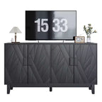 Meuble de rangement moderne Panipeachy, buffet/bahut noir de 140 cm, en bois manufacturé, avec 4 portes à motif géométrique abstrait et pieds en bois massif