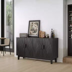Meuble de rangement moderne Panipeachy, buffet/bahut noir de 140 cm, en bois manufacturé, avec 4 portes à motif géométrique abstrait et pieds en bois massif