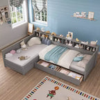 Whisen Twin L-Shape Day Bed, Wooden Corner Bed Frame with 3 Drawers, Bookshelf