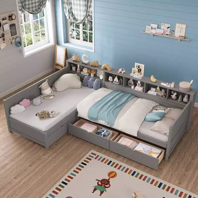 Whisen Twin L-Shape Day Bed, Wooden Corner Bed Frame with 3 Drawers, Bookshelf