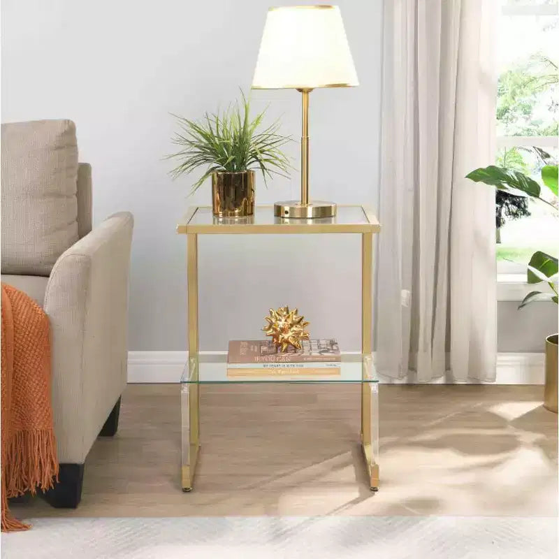 Table d'appoint à 2 niveaux en fer et verre acrylique, table d'appoint dorée pour salon et chambre à coucher, or