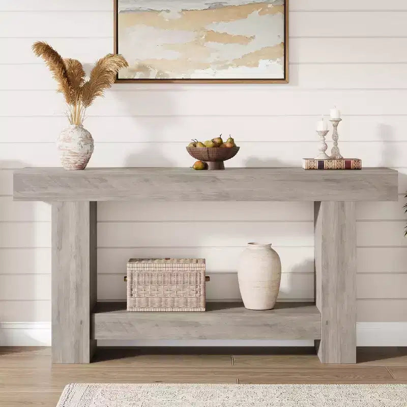 Console de ferme de 63 pouces, table d'entrée à 2 niveaux avec base en forme de H, table d'entrée étroite, longue table de canapé, table d'appoint de couloir pour salon
