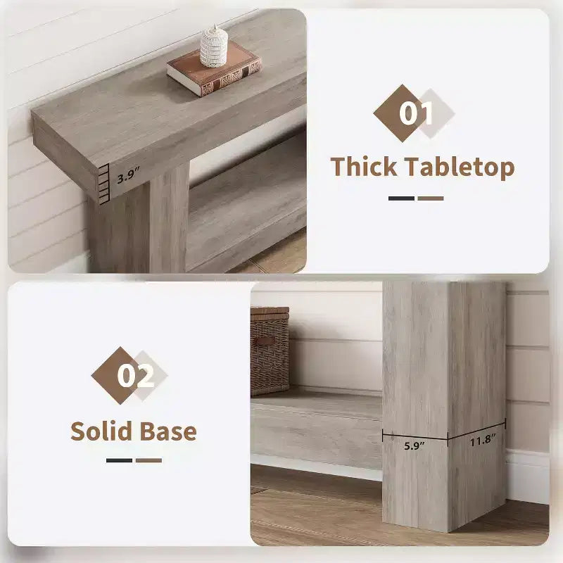Console de ferme de 63 pouces, table d'entrée à 2 niveaux avec base en forme de H, table d'entrée étroite, longue table de canapé, table d'appoint de couloir pour salon
