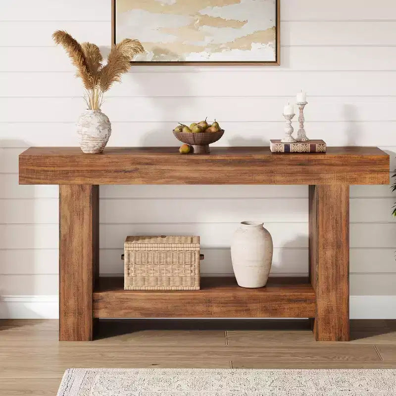Console de ferme de 63 pouces, table d'entrée à 2 niveaux avec base en forme de H, table d'entrée étroite, longue table de canapé, table d'appoint de couloir pour salon