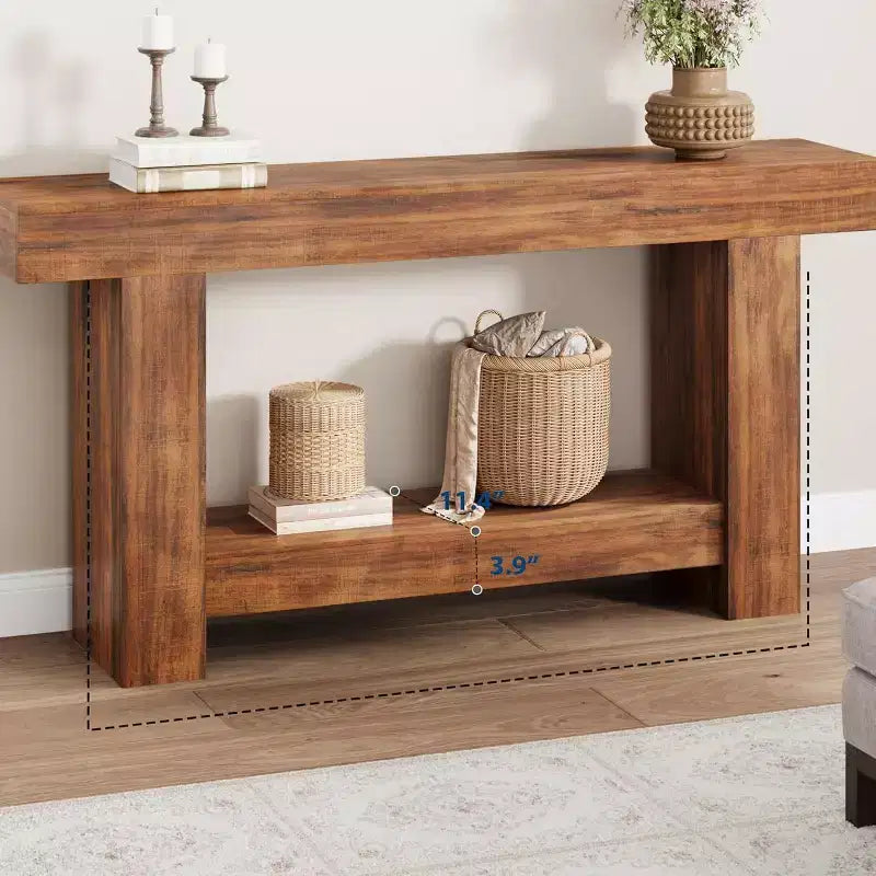 Console de ferme de 63 pouces, table d'entrée à 2 niveaux avec base en forme de H, table d'entrée étroite, longue table de canapé, table d'appoint de couloir pour salon