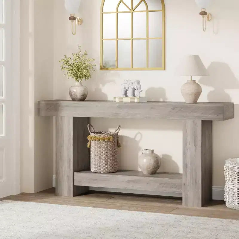 Console de ferme de 63 pouces, table d'entrée à 2 niveaux avec base en forme de H, table d'entrée étroite, longue table de canapé, table d'appoint de couloir pour salon