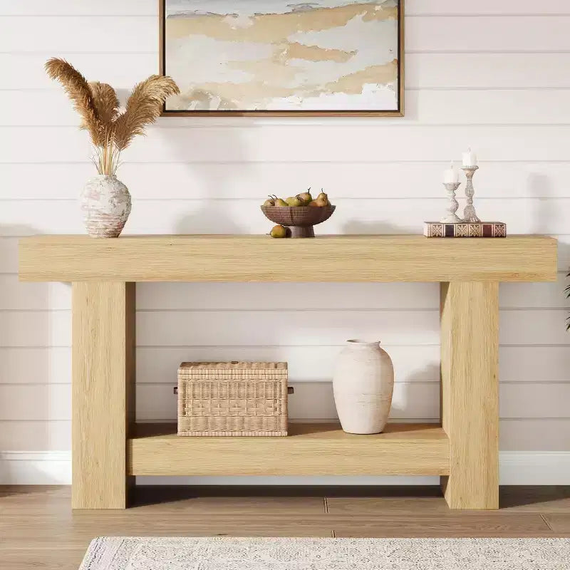 Console de ferme de 63 pouces, table d'entrée à 2 niveaux avec base en forme de H, table d'entrée étroite, longue table de canapé, table d'appoint de couloir pour salon