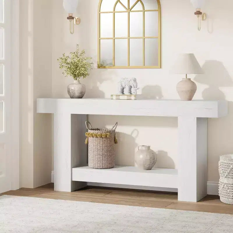 Console de ferme de 63 pouces, table d'entrée à 2 niveaux avec base en forme de H, table d'entrée étroite, longue table de canapé, table d'appoint de couloir pour salon