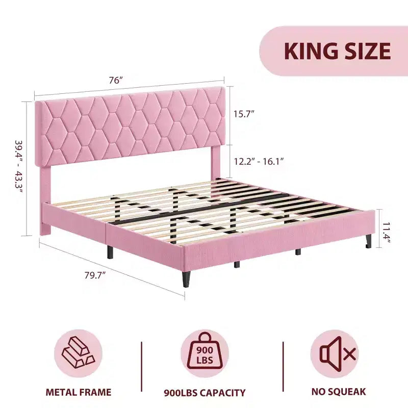 Cadre de lit rose King size avec tête de lit capitonnée, cadre de lit plateforme robuste avec lattes en bois solides, pas besoin de sommier tapissier/silencieux/montage facile