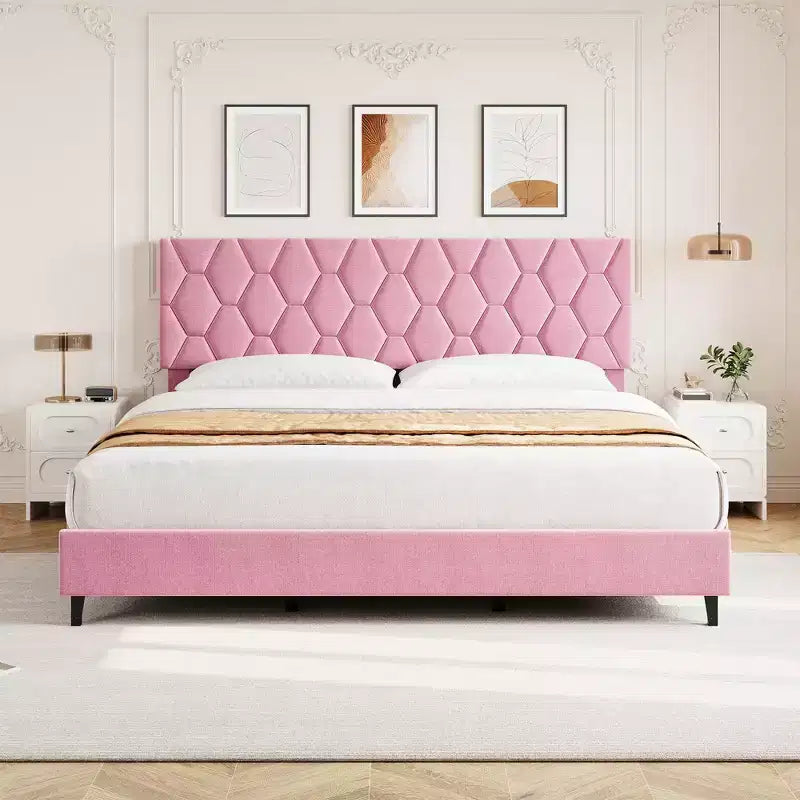 Cadre de lit rose King size avec tête de lit capitonnée, cadre de lit plateforme robuste avec lattes en bois solides, pas besoin de sommier tapissier/silencieux/montage facile