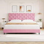 Cadre de lit rose King size avec tête de lit capitonnée, cadre de lit plateforme robuste avec lattes en bois solides, pas besoin de sommier tapissier/silencieux/montage facile