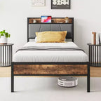 Cadre de lit double MAYEERTY avec tête de lit de rangement et station de recharge, pas besoin de sommier tapissier pour chambre à coucher
