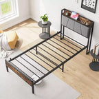 Cadre de lit double MAYEERTY avec tête de lit de rangement et station de recharge, pas besoin de sommier tapissier pour chambre à coucher