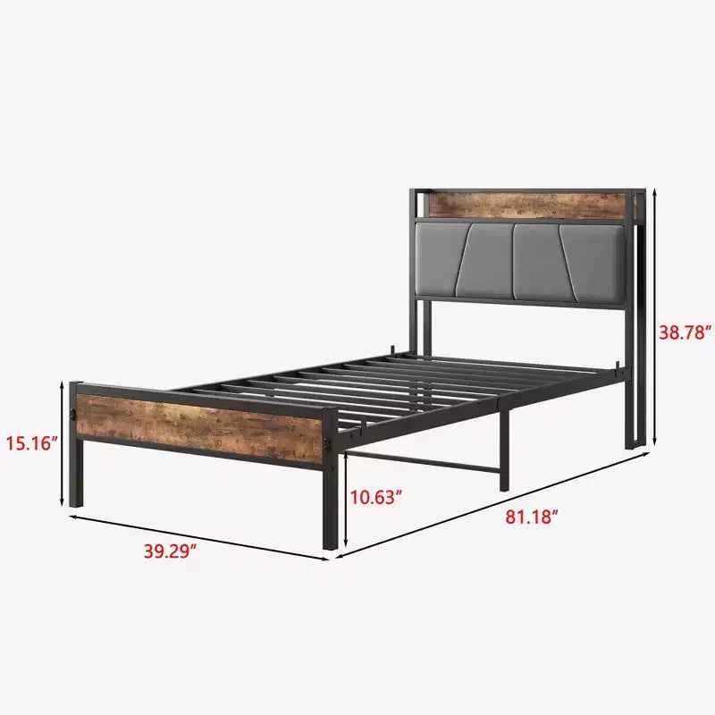 Cadre de lit double MAYEERTY avec tête de lit de rangement et station de recharge, pas besoin de sommier tapissier pour chambre à coucher