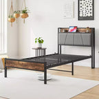 Cadre de lit double MAYEERTY avec tête de lit de rangement et station de recharge, pas besoin de sommier tapissier pour chambre à coucher