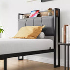 Cadre de lit double MAYEERTY avec tête de lit de rangement et station de recharge, pas besoin de sommier tapissier pour chambre à coucher