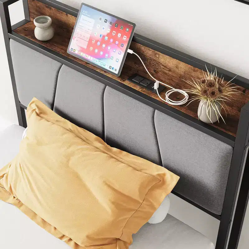 Cadre de lit double MAYEERTY avec tête de lit de rangement et station de recharge, pas besoin de sommier tapissier pour chambre à coucher