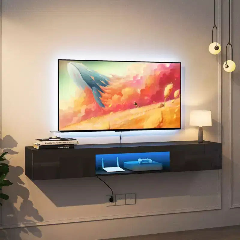 Meuble TV flottant TUYOHW mural avec lumières LED pour téléviseurs jusqu'à 65 pouces, centre de divertissement avec espace de rangement
