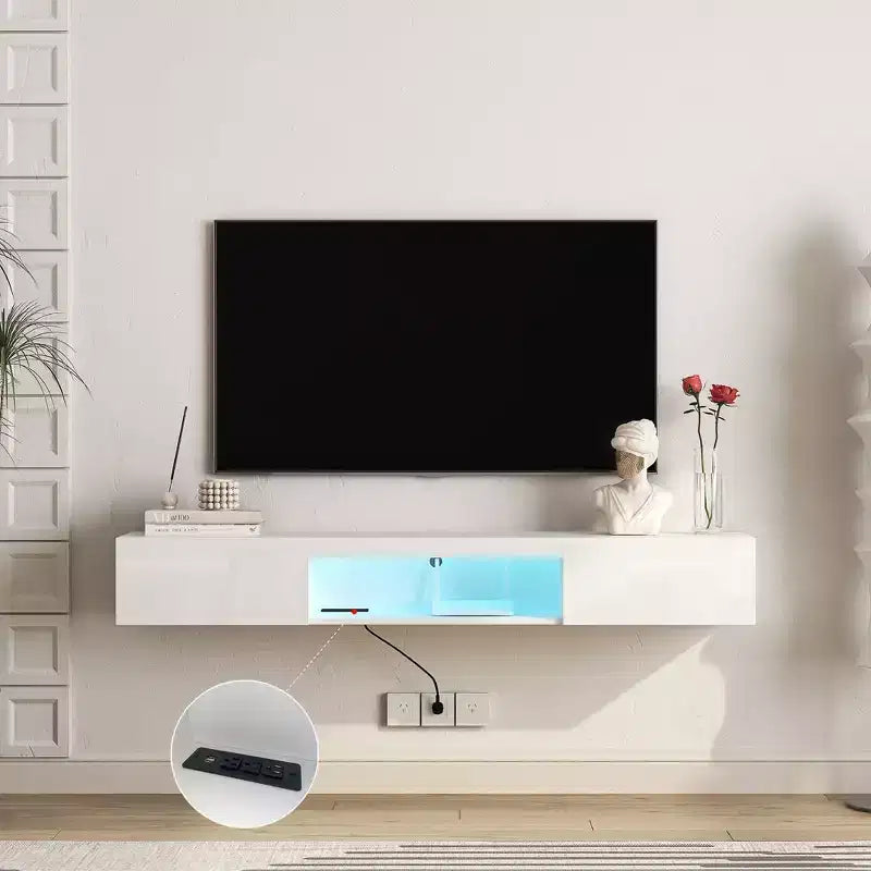 Meuble TV flottant TUYOHW mural avec lumières LED pour téléviseurs jusqu'à 65 pouces, centre de divertissement avec espace de rangement