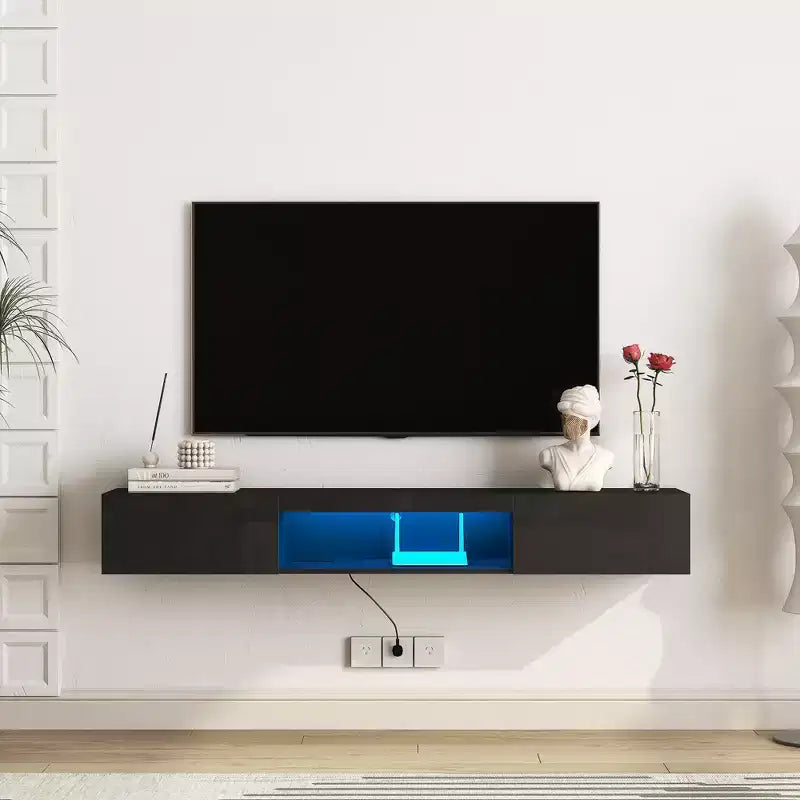 Meuble TV flottant TUYOHW mural avec lumières LED pour téléviseurs jusqu'à 65 pouces, centre de divertissement avec espace de rangement