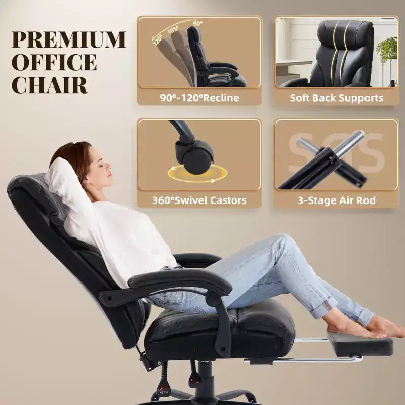 Chaise de bureau COZONY grande taille, capacité 225 kg, accoudoirs réglables et inclinaison, chaise d'ordinateur de direction ergonomique