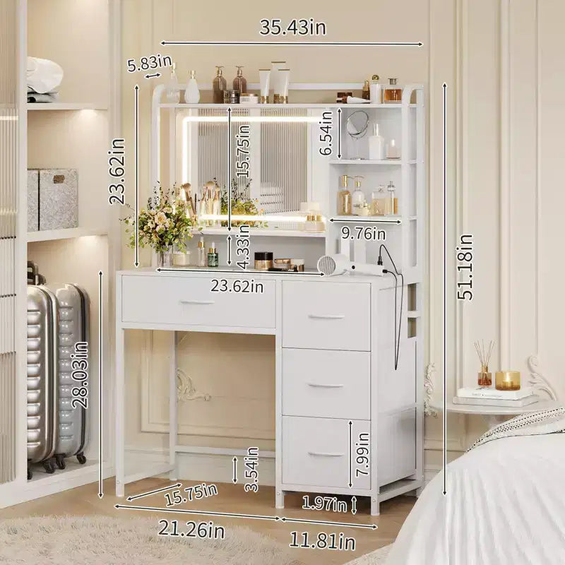 COZONY Coiffeuse avec Miroir, Coiffeuse de Maquillage de 35,4" avec Étagères et 4 Tiroirs en Tissu, Coiffeuse Moderne pour Chambre