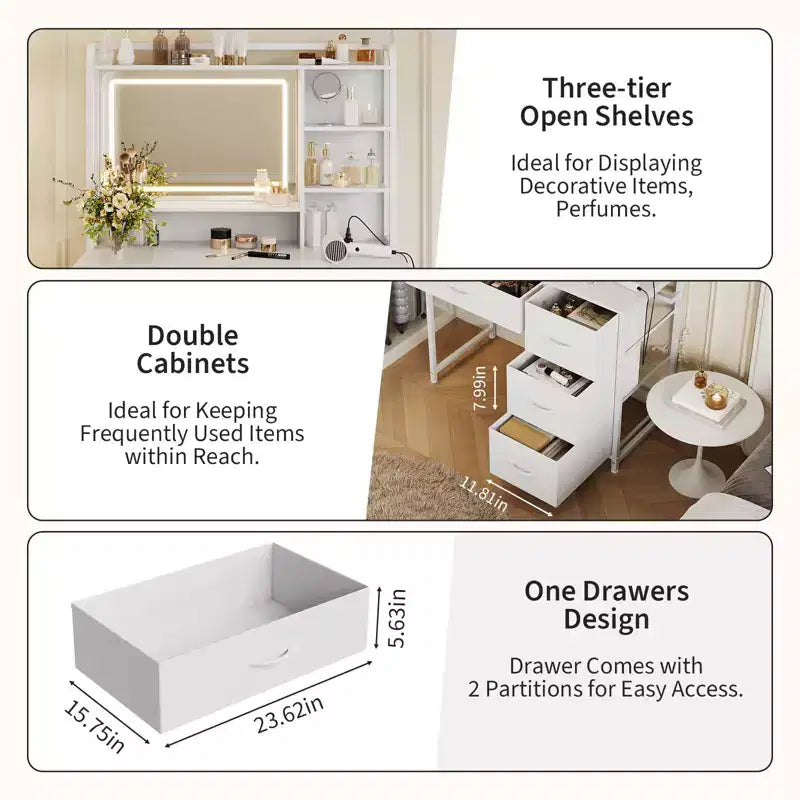 COZONY Coiffeuse avec Miroir, Coiffeuse de Maquillage de 35,4" avec Étagères et 4 Tiroirs en Tissu, Coiffeuse Moderne pour Chambre