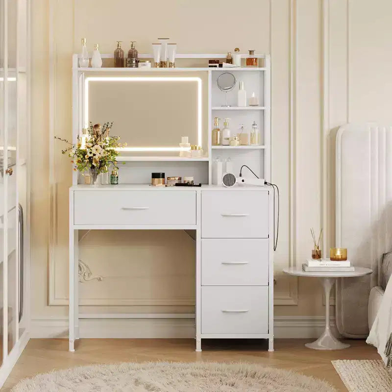 COZONY Coiffeuse avec Miroir, Coiffeuse de Maquillage de 35,4" avec Étagères et 4 Tiroirs en Tissu, Coiffeuse Moderne pour Chambre