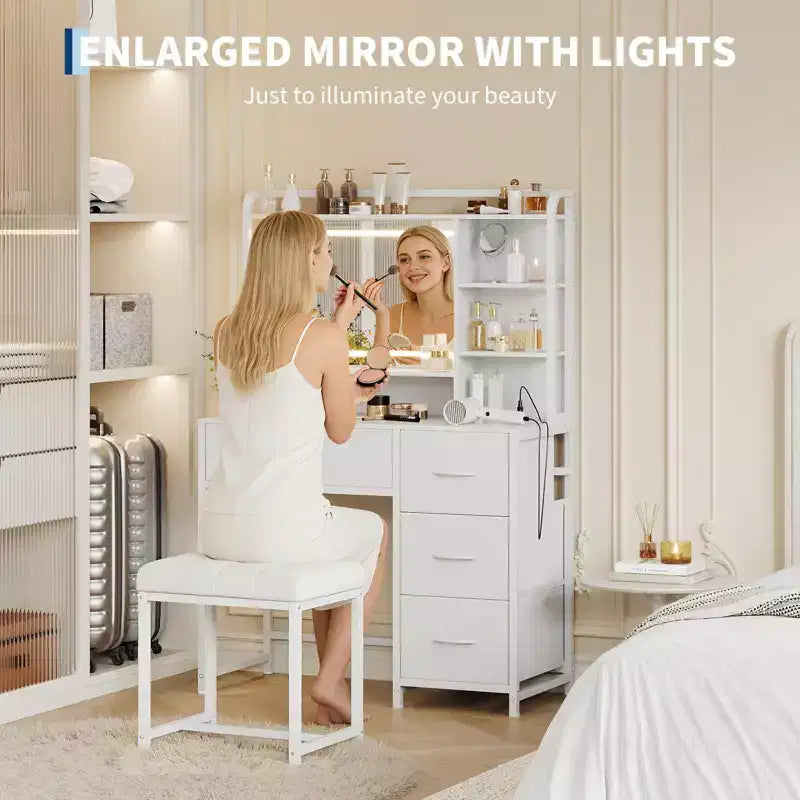 COZONY Coiffeuse avec Miroir, Coiffeuse de Maquillage de 35,4" avec Étagères et 4 Tiroirs en Tissu, Coiffeuse Moderne pour Chambre