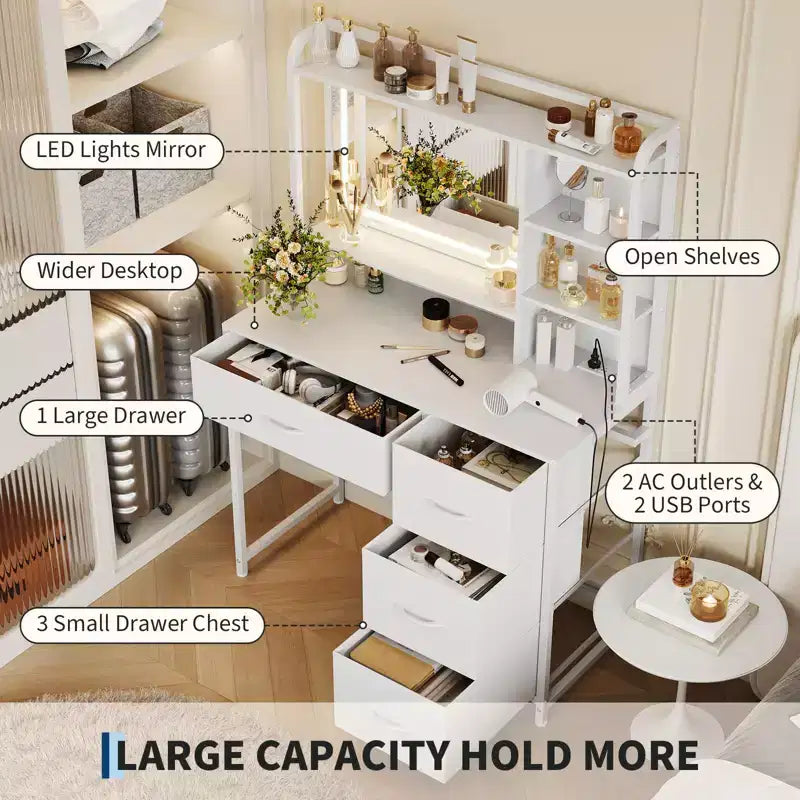 COZONY Coiffeuse avec Miroir, Coiffeuse de Maquillage de 35,4" avec Étagères et 4 Tiroirs en Tissu, Coiffeuse Moderne pour Chambre