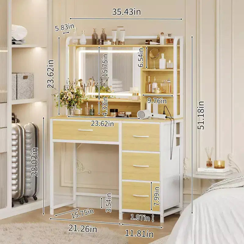 COZONY Coiffeuse avec Miroir, Coiffeuse de Maquillage de 35,4" avec Étagères et 4 Tiroirs en Tissu, Coiffeuse Moderne pour Chambre