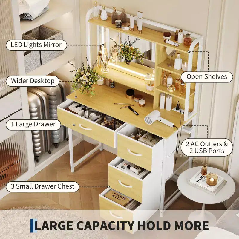COZONY Coiffeuse avec Miroir, Coiffeuse de Maquillage de 35,4" avec Étagères et 4 Tiroirs en Tissu, Coiffeuse Moderne pour Chambre