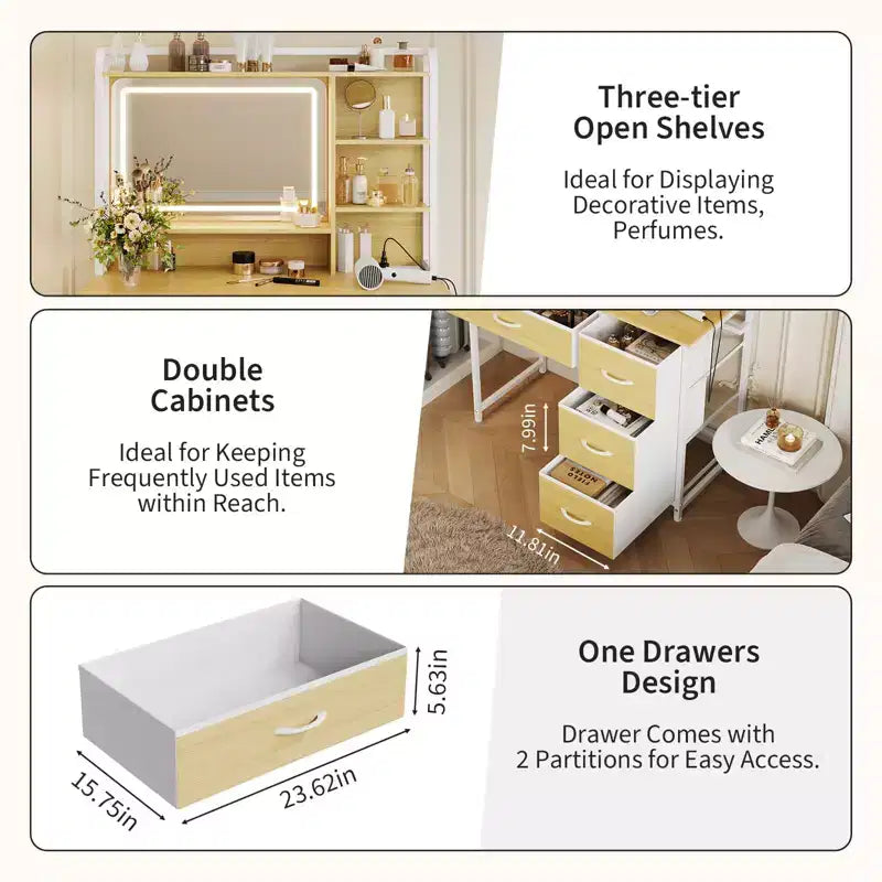COZONY Coiffeuse avec Miroir, Coiffeuse de Maquillage de 35,4" avec Étagères et 4 Tiroirs en Tissu, Coiffeuse Moderne pour Chambre