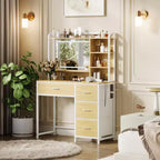 COZONY Coiffeuse avec Miroir, Coiffeuse de Maquillage de 35,4" avec Étagères et 4 Tiroirs en Tissu, Coiffeuse Moderne pour Chambre
