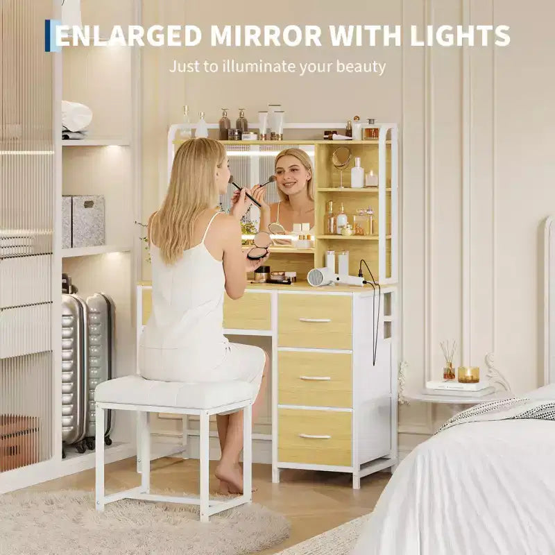 COZONY Coiffeuse avec Miroir, Coiffeuse de Maquillage de 35,4" avec Étagères et 4 Tiroirs en Tissu, Coiffeuse Moderne pour Chambre