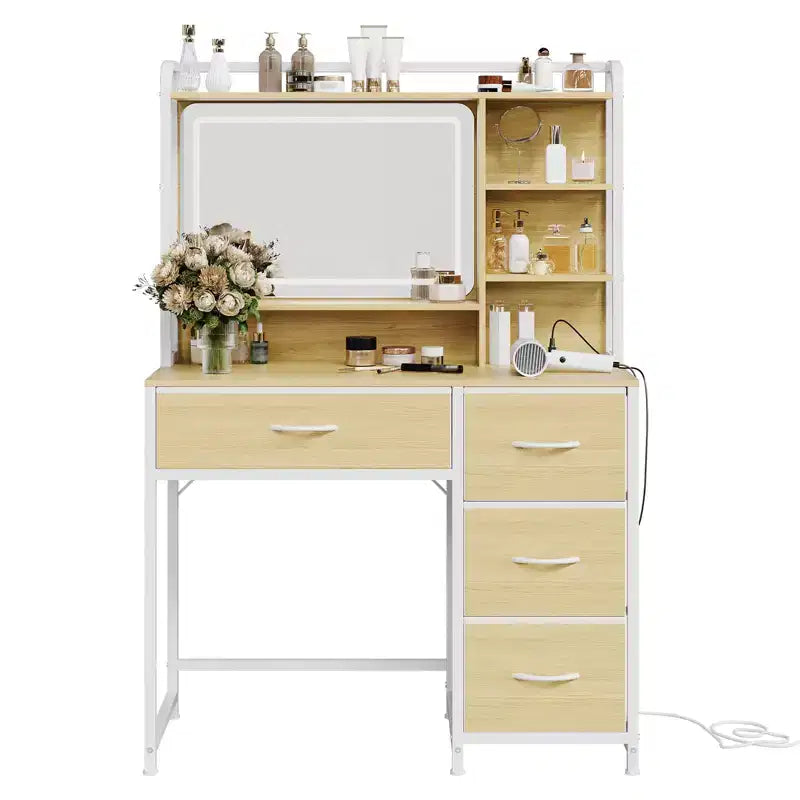 COZONY Coiffeuse avec Miroir, Coiffeuse de Maquillage de 35,4" avec Étagères et 4 Tiroirs en Tissu, Coiffeuse Moderne pour Chambre