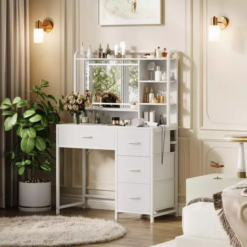 COZONY Coiffeuse avec Miroir, Coiffeuse de Maquillage de 35,4" avec Étagères et 4 Tiroirs en Tissu, Coiffeuse Moderne pour Chambre