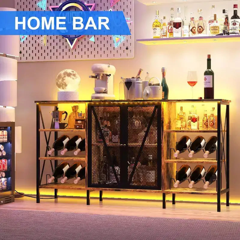 Meuble bar à vin 55", armoire à liqueurs moderne avec porte grillagée et casier à vin, buffet de cuisine pour salon, cuisine, entrée