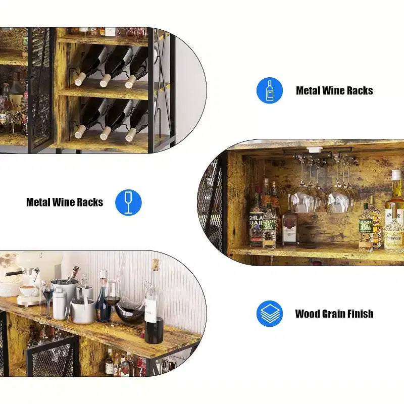 Meuble bar à vin 55", armoire à liqueurs moderne avec porte grillagée et casier à vin, buffet de cuisine pour salon, cuisine, entrée