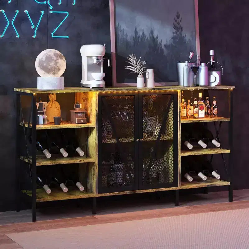 Meuble bar à vin 55", armoire à liqueurs moderne avec porte grillagée et casier à vin, buffet de cuisine pour salon, cuisine, entrée