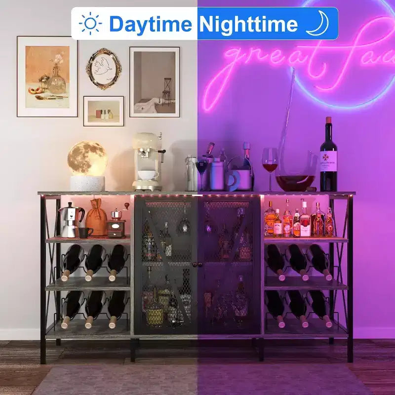 Meuble bar à vin 55", armoire à liqueurs moderne avec porte grillagée et casier à vin, buffet de cuisine pour salon, cuisine, entrée